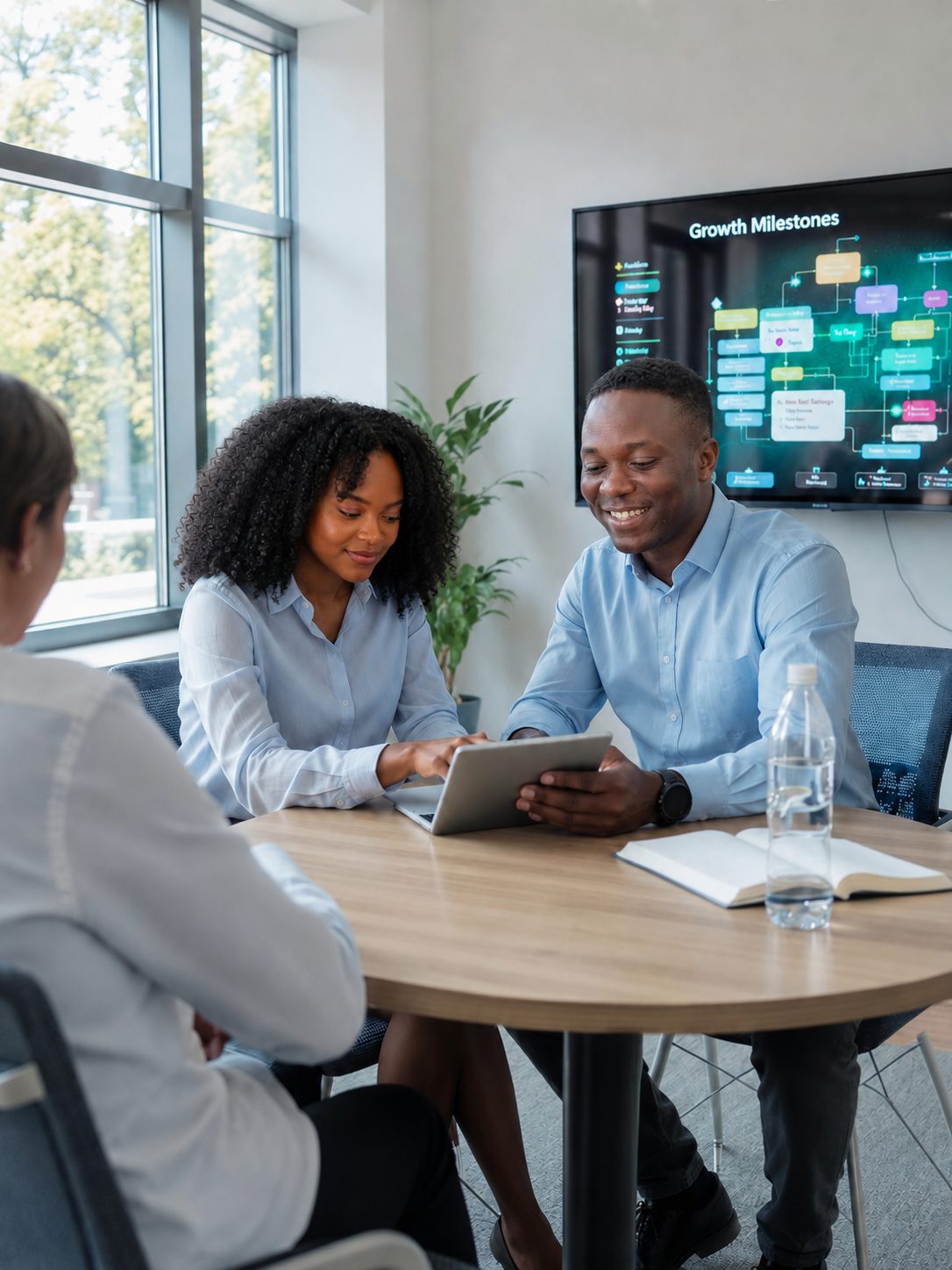 A client strategy session reviewing growth milestones