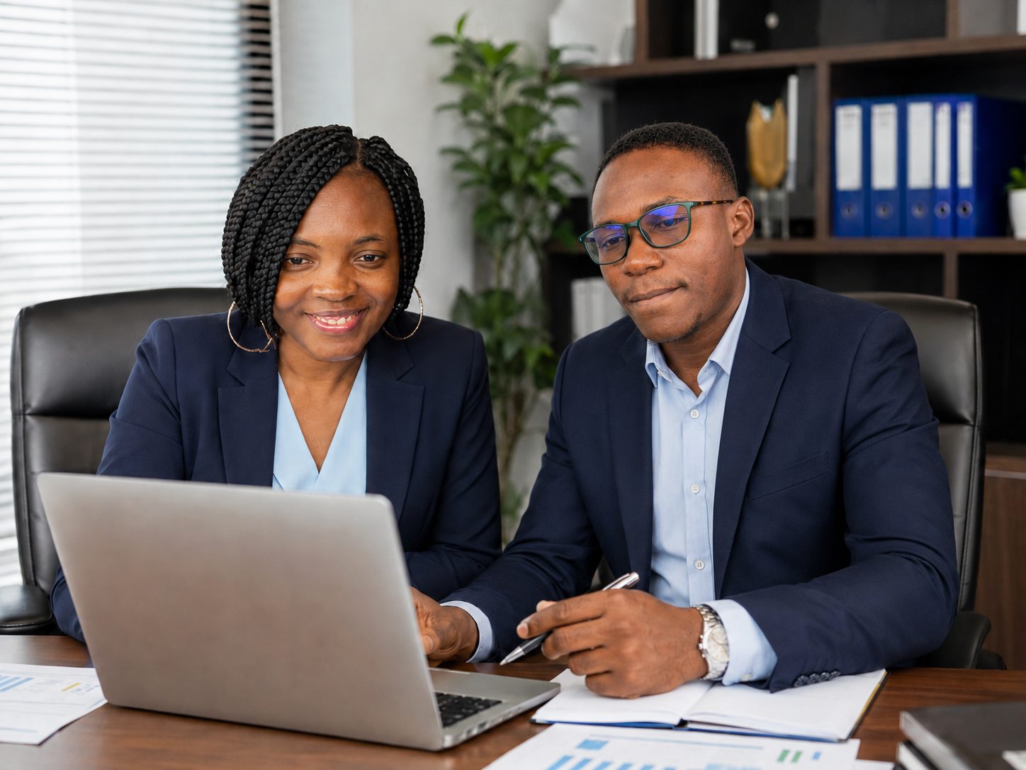 JAYJOY XPLOIT consultants reviewing financial reports with a client